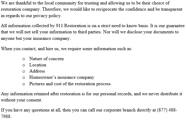 The Privacy Policy of 911 Restoration Durham 